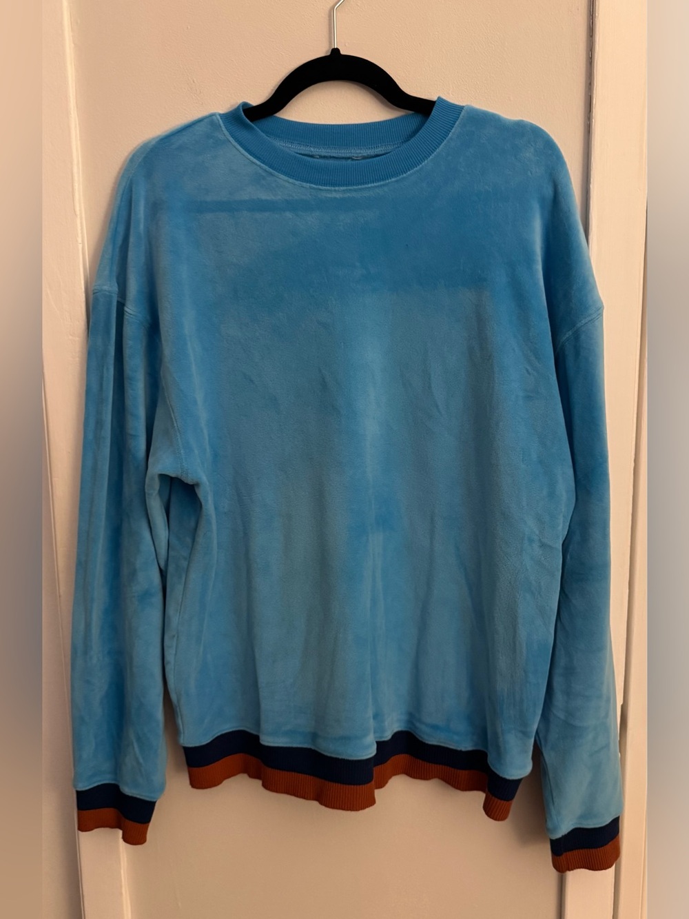 Ascot and Hart Blue Velour Pullover Sweatshirt Small Oversized Retro Stripe